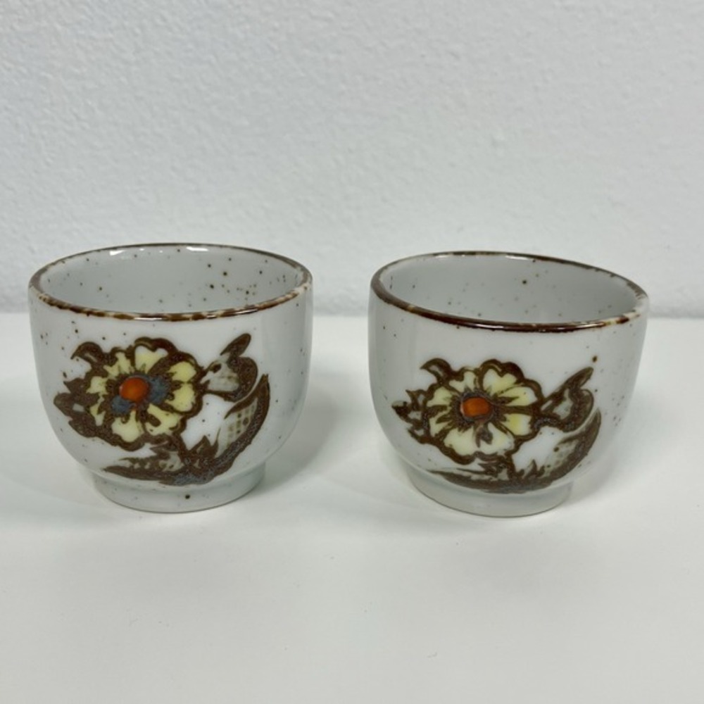 Set of 2 Vintage Japanese Saki Tea Cup Beige & Brown Floral Design Made In Japan